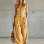 Retro-style Wide-strap Single-breasted Cotton-linen Sleeveless Jumpsuit
