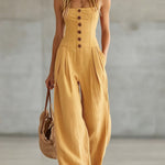 Retro-style Wide-strap Single-breasted Cotton-linen Sleeveless Jumpsuit
