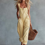 Casual Retro Square Neck Front Zipper Light Yellow Denim Jumpsuit