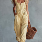 Casual Retro Square Neck Front Zipper Light Yellow Denim Jumpsuit