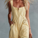 Casual Retro Square Neck Front Zipper Light Yellow Denim Jumpsuit