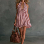Retro Casual Fashion Ruffled V-Neck Striped Mini Dress