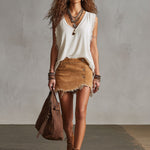 Western Retro Frayed Camel Denim Mini Skirt And Shorts