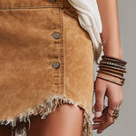 Western Retro Frayed Camel Denim Mini Skirt And Shorts