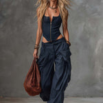 Personality Retro Casual Navy Blue Striped Square-Neck Front Zipper Top And Pants Set