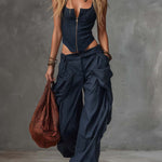 Personality Retro Casual Navy Blue Striped Square-Neck Front Zipper Top And Pants Set