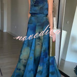 Ione Chiffon Ombr¨¦ Print Cowl Neck Top and High Rise Maxi Skirt Set with Scarf