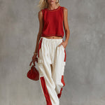 Casual & Stylish Red Vest And White Cargo Pants Cotton-Linen Set