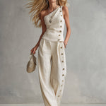 Urban Minimalist Off-White One-Shoulder Button-Detail Top & Wide-Leg Linen Trousers Set
