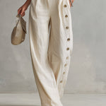 Urban Minimalist Off-White One-Shoulder Button-Detail Top & Wide-Leg Linen Trousers Set