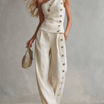 Urban Minimalist Off-White One-Shoulder Button-Detail Top & Wide-Leg Linen Trousers Set