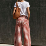 Casual Retro Short-sleeved T-shirt And Red And White Checkered Cotton Linen Pants Set