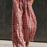 Casual Retro Red And White Gingham Cotton-Linen Trousers