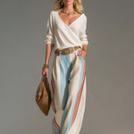 Retro Casual Ivory Surplice V-Neck Top And Blue Red Striped Wide-Leg Cotton-Linen Pants Set