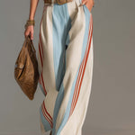 Retro Casual Ivory Surplice V-Neck Top And Blue Red Striped Wide-Leg Cotton-Linen Pants Set