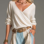 Retro Casual Ivory Surplice V-Neck Top And Blue Red Striped Wide-Leg Cotton-Linen Pants Set