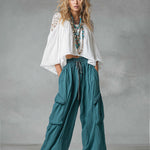 Vintage-style Boho White Shirt And Teal Utility Trousers Cotton-linen Set