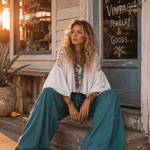 Vintage-style Boho White Shirt And Teal Utility Trousers Cotton-linen Set