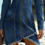 Western Retro Blue Denim Long-sleeved Frayed Mini Dress