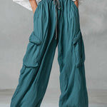 Vintage-style Boho Teal Utility Cotton-linen Trousers