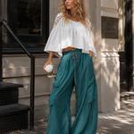Vintage-style Boho Teal Utility Cotton-linen Trousers