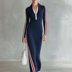 Retro Sporty Navy Striped Polo Half-Button Long-Sleeve Knit Maxi Dress