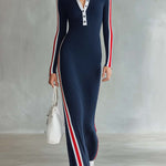 Retro Sporty Navy Striped Polo Half-Button Long-Sleeve Knit Maxi Dress