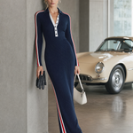 Retro Sporty Navy Striped Polo Half-Button Long-Sleeve Knit Maxi Dress