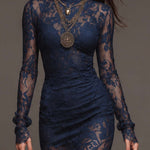 Valentina | Long navy lace dress with high neck and dramatic slit