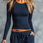 Retro Sporty Color-blocked Blue Cotton Top And Pants Set