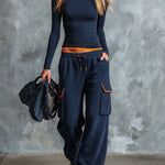 Retro Sporty Color-blocked Blue Cotton Top And Pants Set