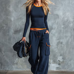 Retro Sporty Color-blocked Blue Cotton Top And Pants Set