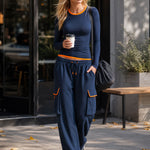 Retro Sporty Color-blocked Blue Cotton Top And Pants Set