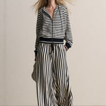 Retro Sporty Black And White Striped Cotton Cardigan And Pants Set