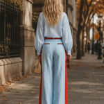 Stylish Casual Blue Color-Block Wide-Leg Cotton-Linen Pants
