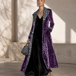 Vintage-style Leopard Print Lining Deep Plum-purple Velvet Coat