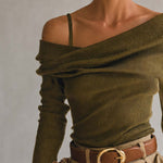 Olive Ribbed Knit Asymmetric Off-Shoulder Foldover Long-Sleeve Fitted Sweater Top Women