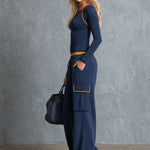 Retro Sporty Color-blocked Blue Cotton Pants