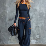 Retro Sporty Color-blocked Blue Cotton Pants