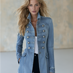 Blue Denim Military Jacket Double-Breasted Stand Collar Long Coat