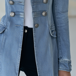 Blue Denim Military Jacket Double-Breasted Stand Collar Long Coat