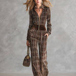 Retro Chocolate Brown Plaid Velvet Front-Zip Jumpsuit