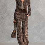Retro Chocolate Brown Plaid Velvet Front-Zip Jumpsuit