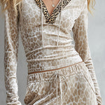 Leopard Print V-Neck Velvet Top and Flare Pants Two-Piece Set