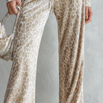Leopard Print V-Neck Velvet Top and Flare Pants Two-Piece Set