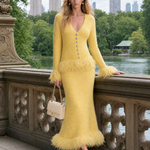 Retro-chic Yellow Knitted Skirt Set With Feather Fringe Details