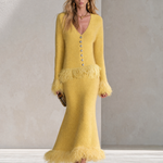 Retro-chic Yellow Knitted Skirt Set With Feather Fringe Details
