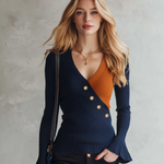 Retro-chic Knit Top Featuring A Blue And Orange Color-block Design