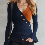 Retro-chic Knit Top Featuring A Blue And Orange Color-block Design