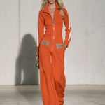 Casual Military-style Orange Sweatshirt-fabric Jumpsuit